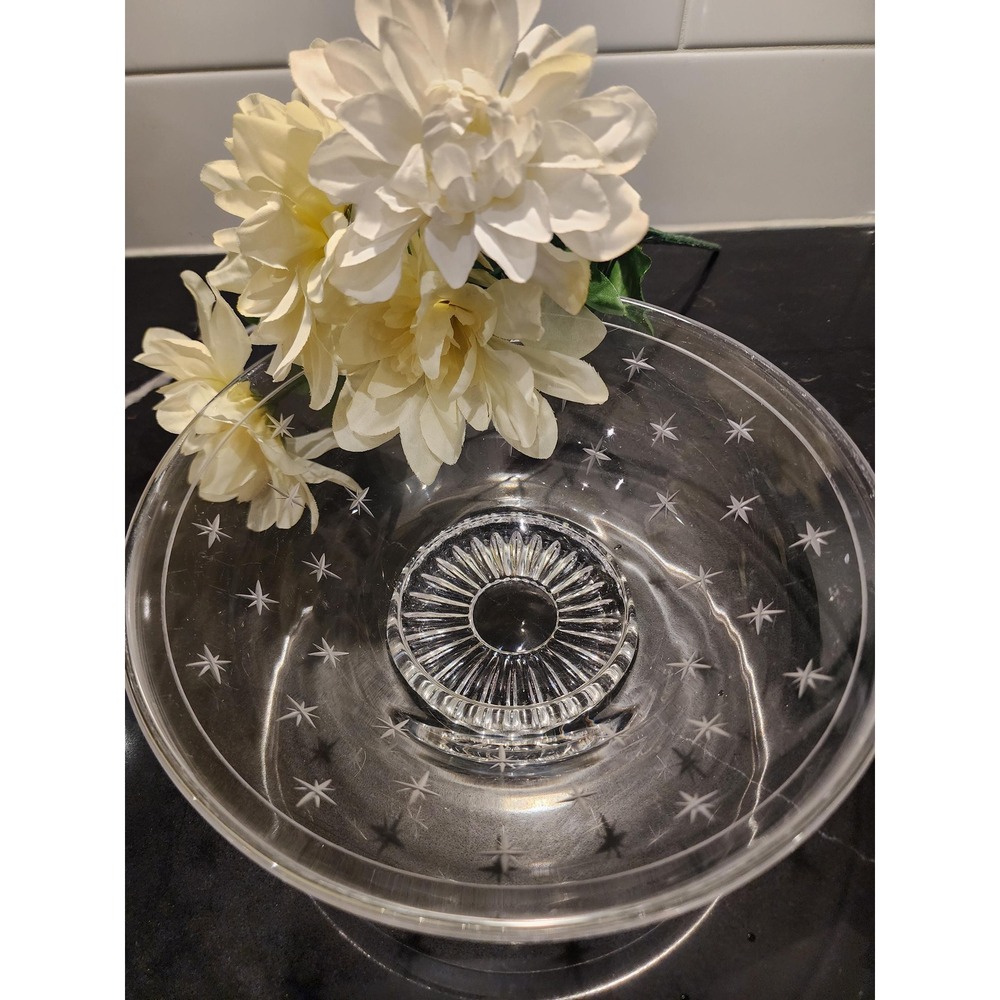 Vintage Etched Starburst Glass Pedestal Bowl | 8.5 Inch Compote